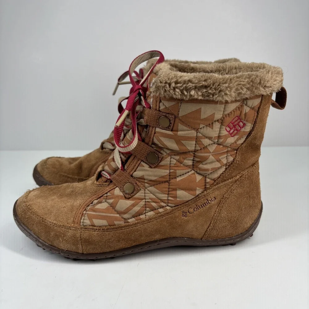 Columbia Women’s Brown Suede Quilted Winter Boots - Tan with Red Accents